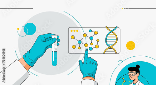 Illustration representing scientific research with test tubes, DNA structure and scientist character