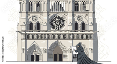 Illustration of Notre Dame Cathedral in Paris with artist sketching its architectural details