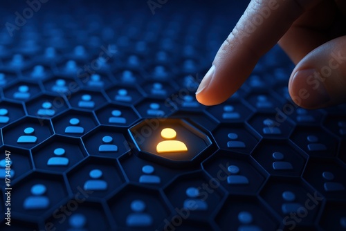 Finger pressing glowing hr employee recruitment icon button 
