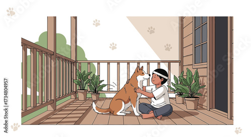 Illustration showcasing a boy bonding with his Shiba Inu dog on a cozy porch setting