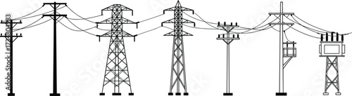 Collection of Black and White Line Art Illustrations of Electrical Transmission Towers electrical tower
