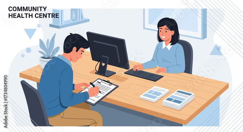 Illustration showing a community health center with patient registration and data entry clerk at