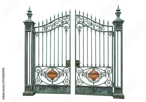 Ornate wrought iron gate isolated on transparent background, antique entrance with decorative metalwork