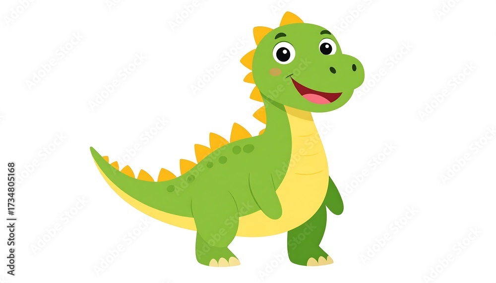 Obraz premium A cheerful cartoon dinosaur, vibrant green with yellow accents, faces the viewer with an open-mouthed smile.