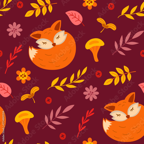 Seamless pattern of cartoon foxes mushrooms and autumn leaves