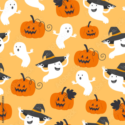 Seamless pattern of cartoon ghosts and pumpkins