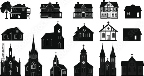 Collection of Black Silhouettes of Houses and Churches with Architectural Details home building