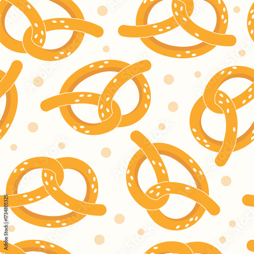 Seamless pattern of cartoon pretzels with dots