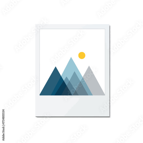 Minimalist polaroid photo icon with stylized blue mountains and yellow sun on a white background, representing a landscape or memory.