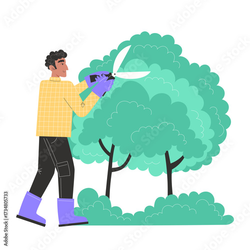 Person pruning a large green bush with shears