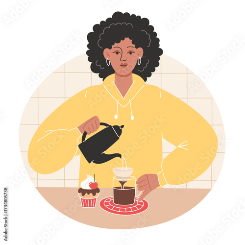 Person making pourover coffee with cupcake