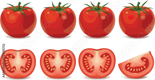 Collection of ripe red tomatoes whole halved and sliced on white background fresh
