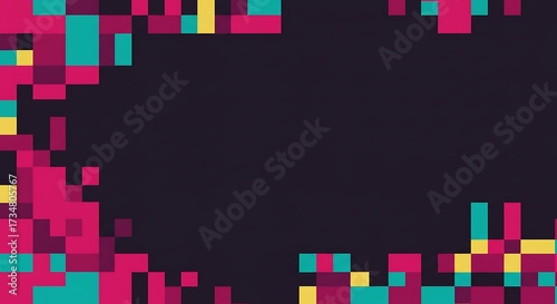 Dynamic Pixel Art Background with Vibrant Geometric Blocks, Creating a Playful Digital Frame for Creative Projects and Content