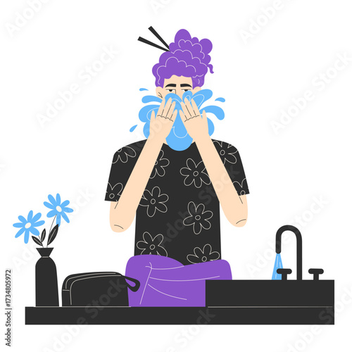 Person washing face at a sink with flowers
