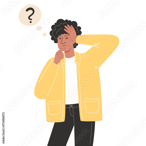 Person with hand on head and finger on chin