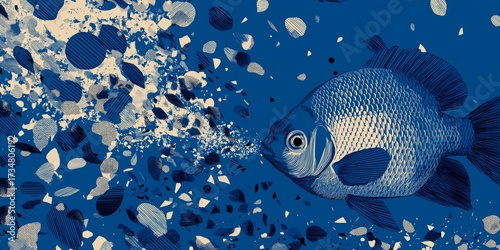 Conceptual artwork highlighting environmental impact of ocean microplastics on marine life for eco-awareness campaigns and sustainability messaging