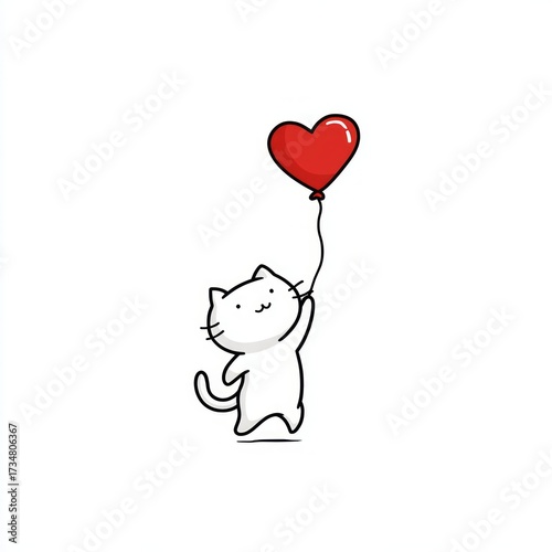 Minimalistic illustration of playful white kitten with red heart balloon evokes themes of love, affection, innocence, and pet-themed celebrations