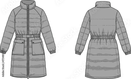 Front and back view of a gray puffer coat with belt and zipper closure jacket winter