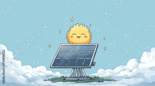 Playful illustration promoting solar energy and sustainability, ideal for educational, environmental, or green technology marketing contexts