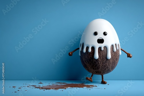Playful cocoa bean character with white chocolate top and chocolate limbs stands on blue surface with spilled chocolate, ideal for dessert branding or confectionery marketing