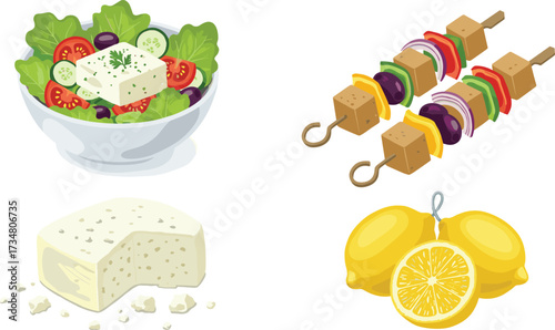 Greek salad, souvlaki skewers, feta cheese block, and lemons on white background salad bowl tomatoes