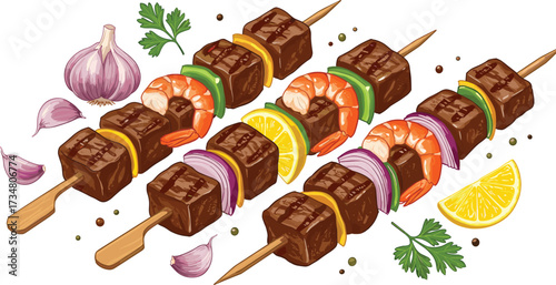 Grilled meat and shrimp skewers with lemon, garlic, and herbs on white background grilled skewers beef