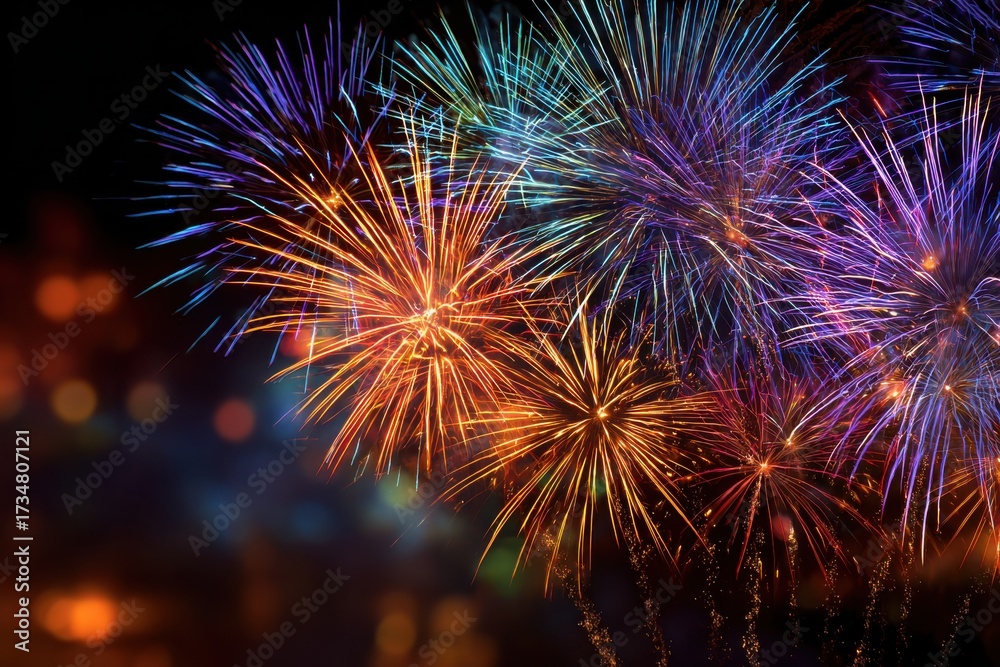 Naklejka premium Colorful Fireworks Bursting in Night Sky