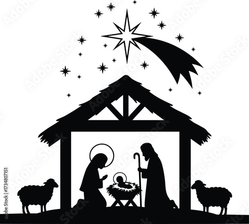 Nativity Scene Silhouette with Star and Sheep on White Background Keywords: nativity, scene