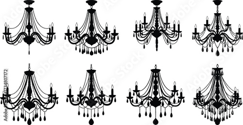 Set of ornate black silhouette chandeliers with crystals and candles Keywords: chandelier, light