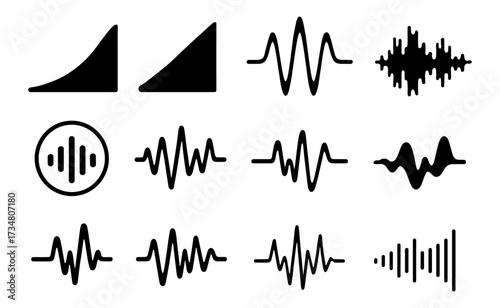 Set of audio waveforms with sound icons in black on white background