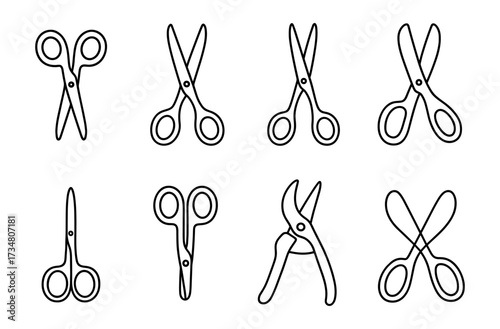 Minimalist outline collection of scissor icons on white background