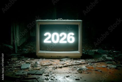 Symbolic image of technological decay showing a glitchy CRT monitor with '2026' in an abandoned, dusty room, evoking themes of obsolescence and digital future