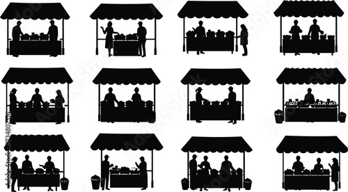 Silhouettes of Market Stalls with Vendors and Customers Buying Produce vector illustration