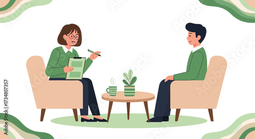 Illustrative depiction of a therapy session showcasing a therapist and patient in consultation