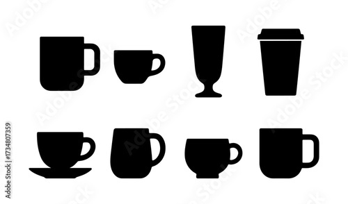 Silhouette set of coffee and tea cups with mugs in modern simple design