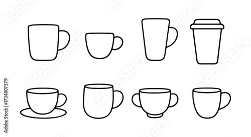 Outline collection of various coffee cups in minimalist design