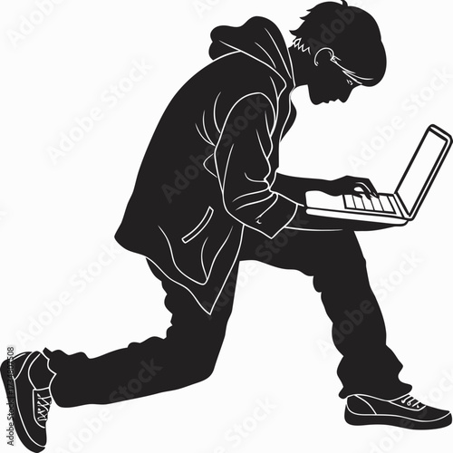 Man Kneeling and Working on Laptop Silhouette Vector