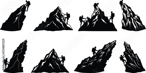 Silhouettes Of Rock Climbers Ascending Steep Mountains call vector
