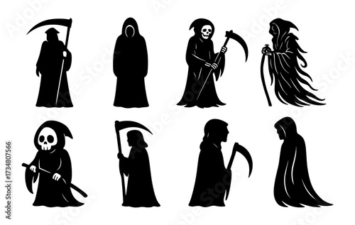 Variety of grim reaper silhouettes: dark figures with scythes in different poses