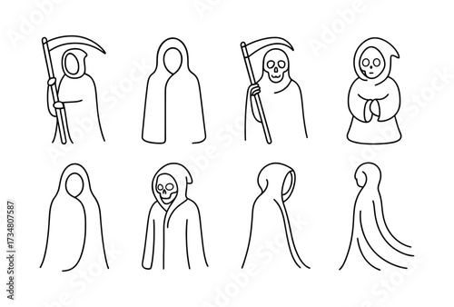 Minimalist grim reaper icon set with simple line art silhouettes