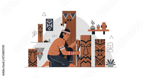 Indigenous artist crafting traditional wooden masks in a culturally rich environment