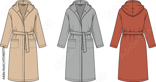 Three flat fashion illustrations of hooded bathrobes with belts in different colors dressing gown