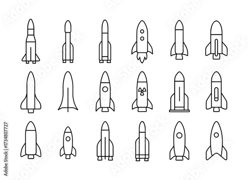 Collection of linear rocket icons - minimalist design set for space themed projects