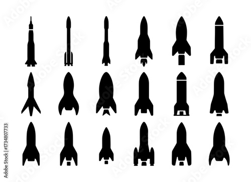 Silhouette collection of various rocket designs in different styles