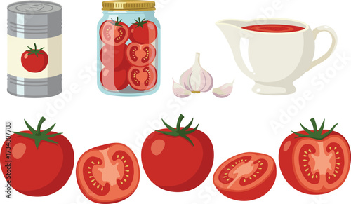 Tomato Products and Ingredients Isolated on White Background Keywords: tomato, tomatoes, canned