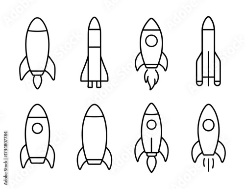 Set of eight linear rocket icons for technology and space themes