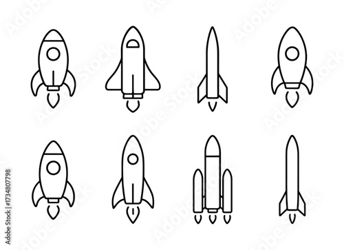 Minimalist rocket icons set featuring various rocket designs in linear style