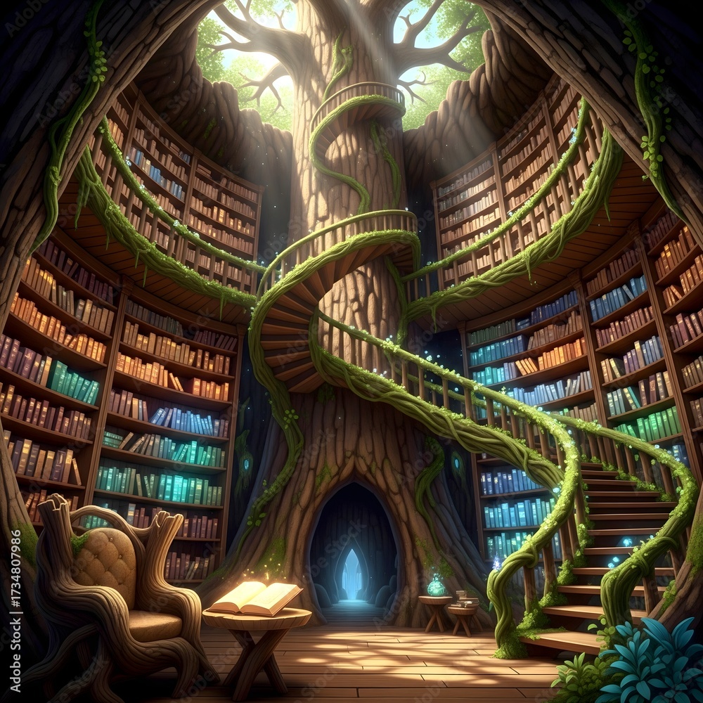 Fototapeta premium Enchanted ancient library with spiral staircase and sunbeams filtering through trees