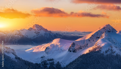 A Breathtaking Winter Landscape Showcases Snow Covered Mountains Bathed In A Vibrant Sunrise
