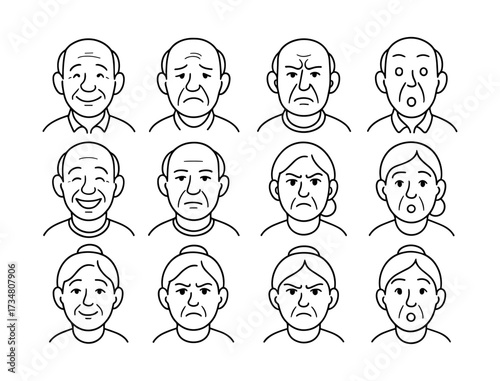 Expressions of elderly: diverse emotions in line art facial study